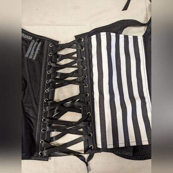 Top Drawer by Daisy Corsets-Black & White Striped Steel Bond Corset Size Medium - Picture 9 of 17